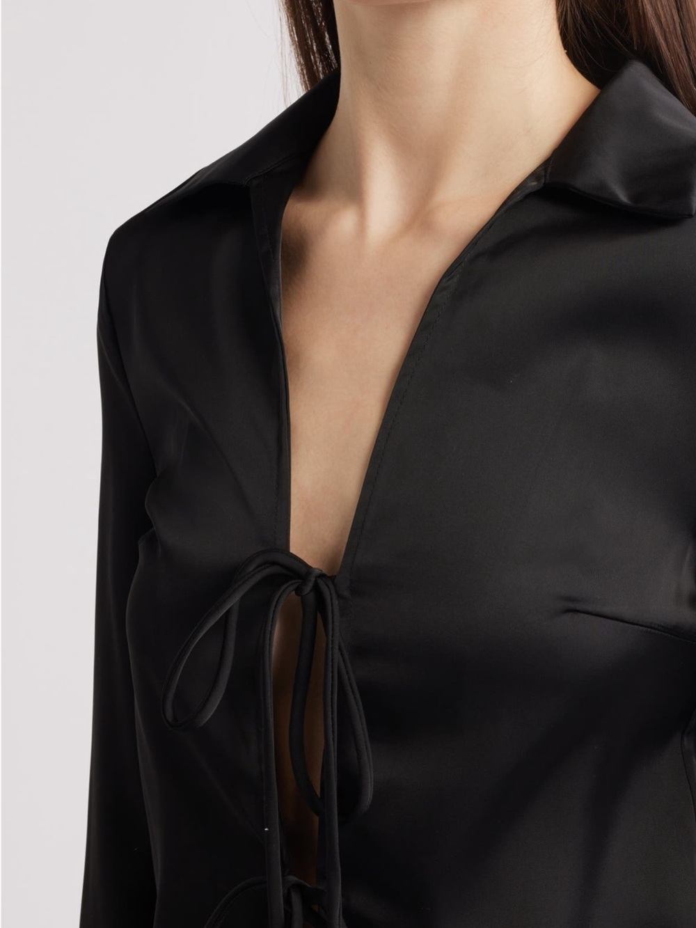 Nasty Gal Black Satin Tie-Front Long Sleeve Blouse - Picture 2 of 8
